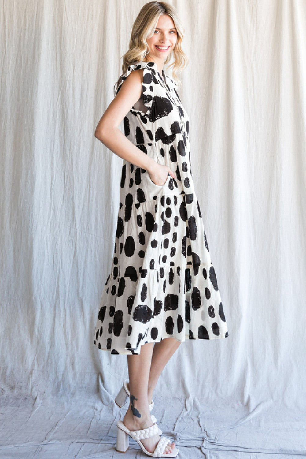 White Polka Dot Print Ruffled Sleeve Pocketed Plus Size Midi Dress Plus Size Midi Dresses JT's Designer Fashion