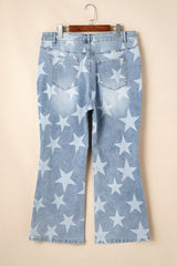 Sky Blue Star Printed Multi Buttons Slit Knee Destroyed Plus Size Jeans Plus Size Bottoms JT's Designer Fashion