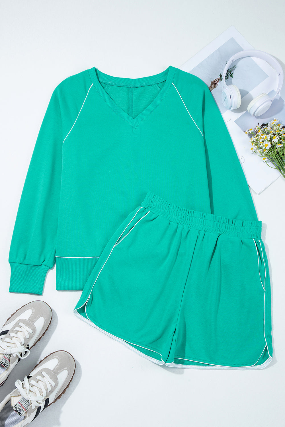 Dark Green Colorblock Trim V Neck Pullover Top and Shorts Set Short Sets JT's Designer Fashion