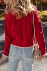Racing Red Color Contrast Edge Cable Knit Buttoned Cardigan Cardigans JT's Designer Fashion
