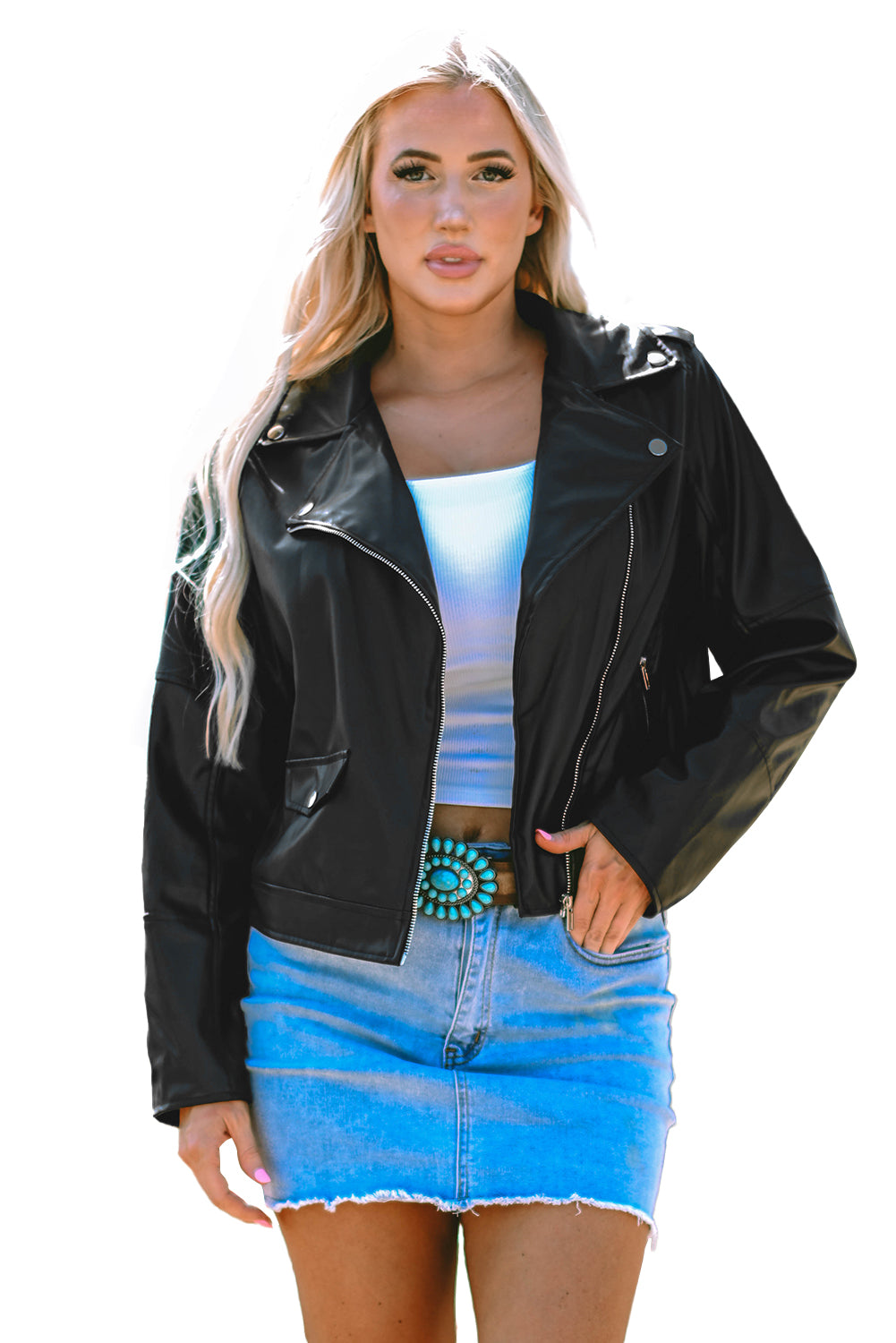 Black PU Leather Lapel Collar Zipper Jacket Jackets JT's Designer Fashion