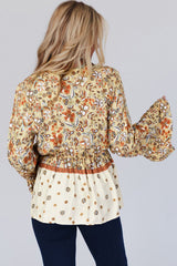 Yellow Printed Floral Bell Sleeve V Neck Wrapped Contrast Peplum Blouse Blouses & Shirts JT's Designer Fashion