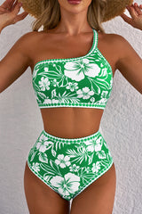 Green Floral Print One Shoulder High Waist Bikini Set Bikinis JT's Designer Fashion