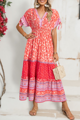 Red Floral Print Tasseled Tied Sleeve Empire Waist Maxi Dress Floral Dresses JT's Designer Fashion
