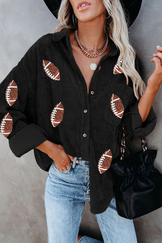 Black Sequin Rugby Pattern Buttoned Corduroy Shacket Jackets JT's Designer Fashion