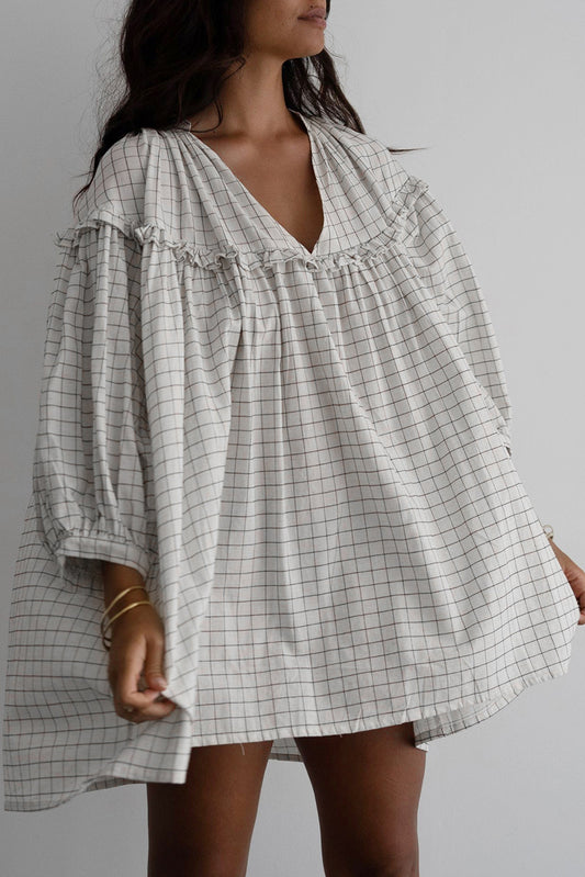 White Stripe Checkered Frilled V Neck Bracelet Sleeve Babydoll Dress Mini Dresses JT's Designer Fashion