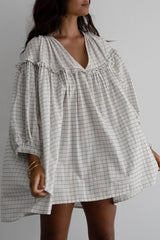 White Stripe Checkered Frilled V Neck Bracelet Sleeve Babydoll Dress Mini Dresses JT's Designer Fashion