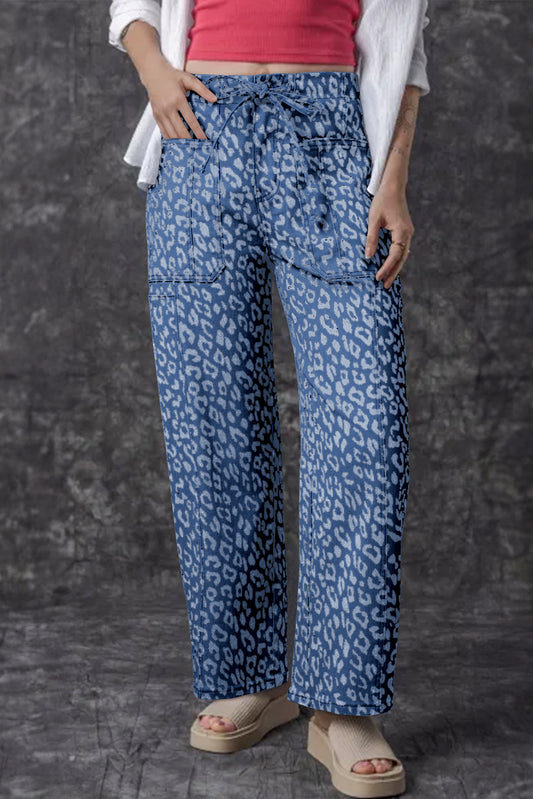 Blue Leopard Printed Drawstring Elastic Waistband Pocketed Wide Leg Jeans Blue 65%Cotton+33%Polyester+2%Elastane Jeans JT's Designer Fashion