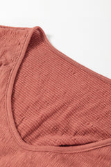 Mineral Red Solid Color Textured Frilled Trim V Neck Puff Sleeve Blouse Blouses & Shirts JT's Designer Fashion