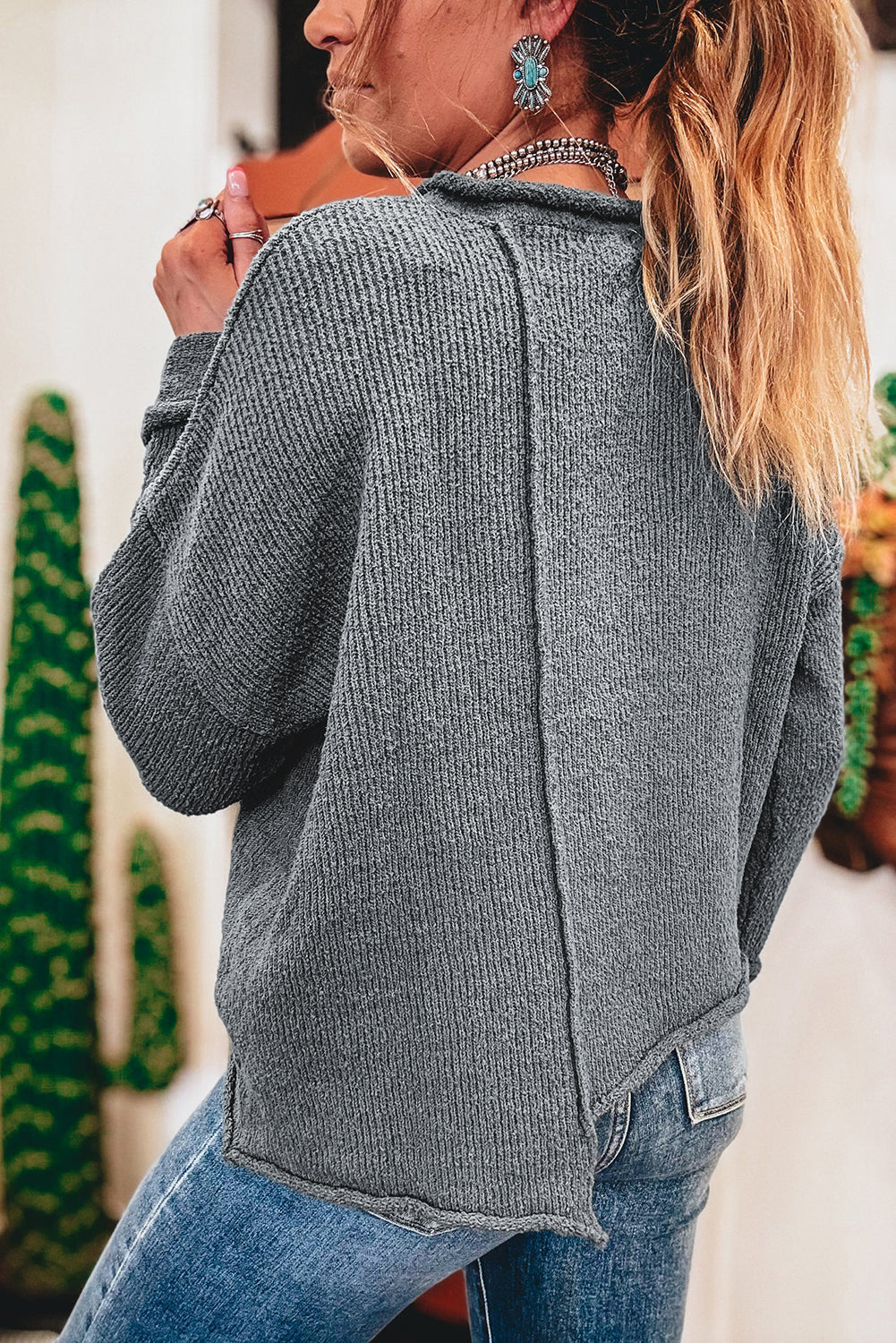 Medium Grey Raw Edge Uneven Hem Patchwork Drop Shoulder Sweater Sweaters JT's Designer Fashion