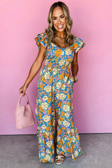 Yellow Floral Allover Print Shirred Cut Out High Waist Jumpsuit Jumpsuits & Rompers JT's Designer Fashion
