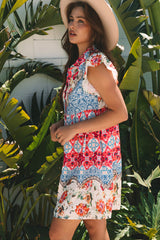 Rose Floral Mixed Pattern Ruffle Flutter Sleeve Buttoned Dress Floral Dresses JT's Designer Fashion