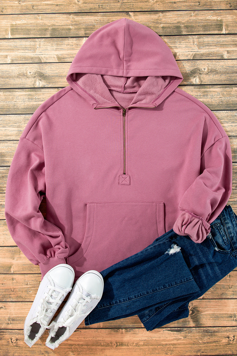 Valerian Fleece Lined Half Zipper Kangaroo Pockets Loose Hoodie Sweatshirts & Hoodies JT's Designer Fashion
