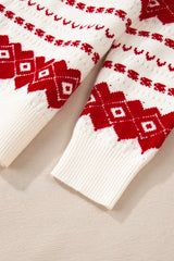 White Western Geometric Patterned Crew Neck Loose Sweater Sweaters JT's Designer Fashion