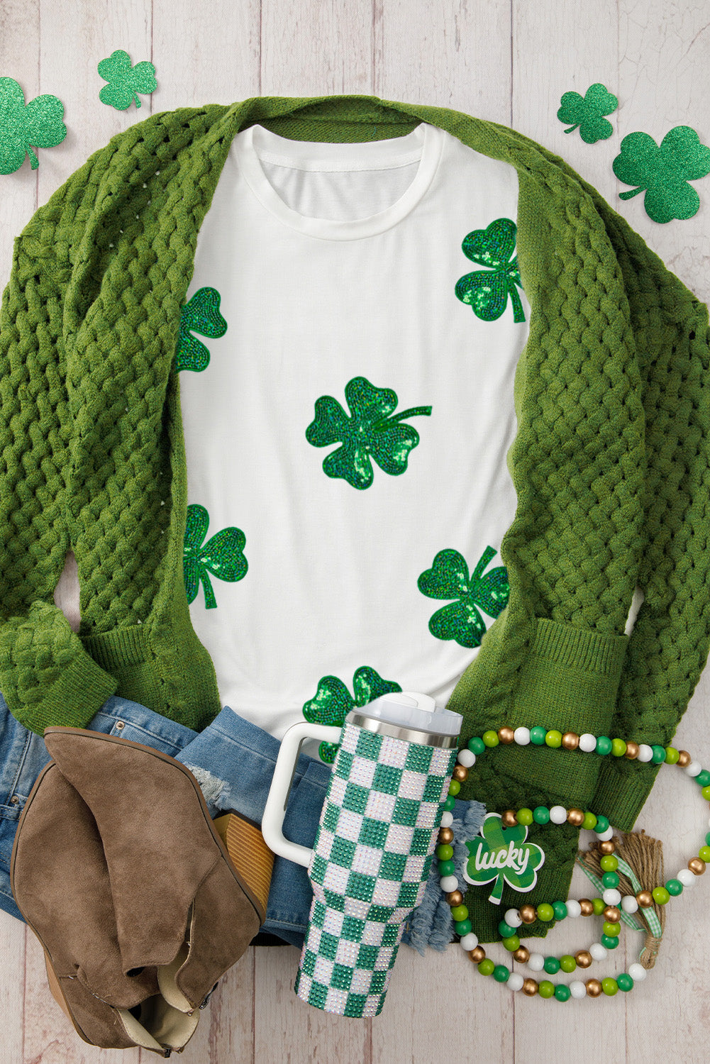 White Sequin Lucky Clover Graphic Crewneck Tee Graphic Tees JT's Designer Fashion