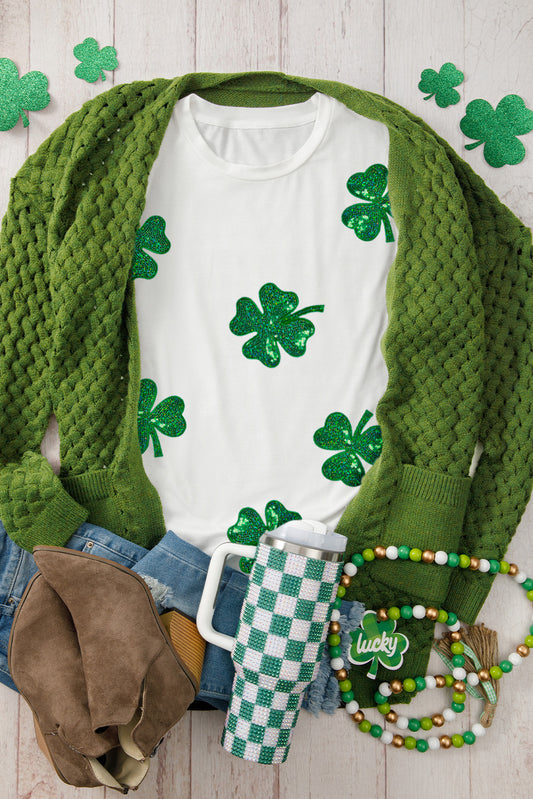 White Sequin Lucky Clover Graphic Crewneck Tee Graphic Tees JT's Designer Fashion