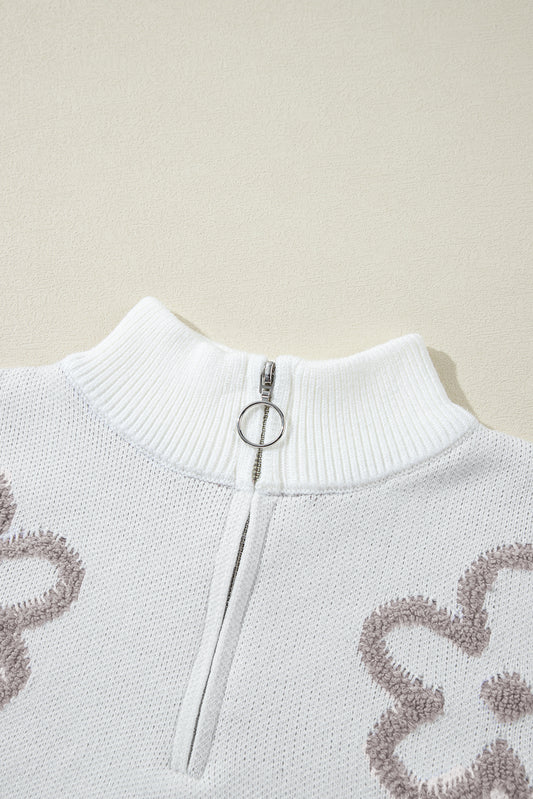 White Contrast Flower Half Zipper Stand Neck Sweater Sweaters JT's Designer Fashion
