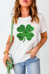 White Sequin Clover Patch Graphic St Patrick Fashion Tee Graphic Tees JT's Designer Fashion