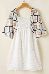 Beige Western Aztec Print Pleated Square Neck Loose Mini Dress Mini Dresses JT's Designer Fashion