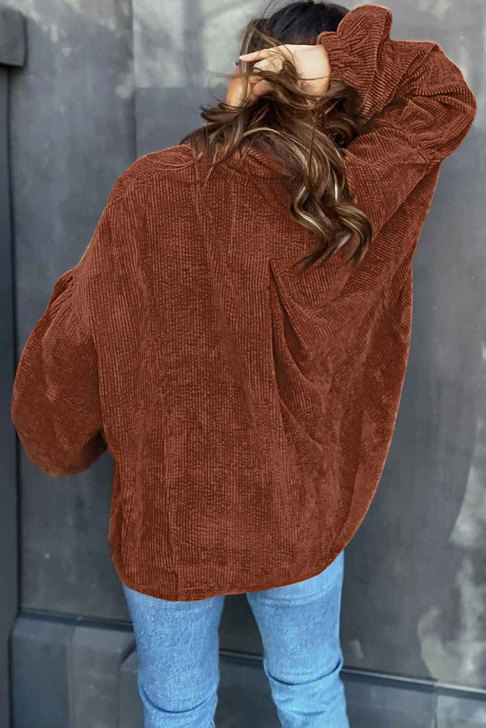 Coffee Textured Corduroy Puff Sleeve Shacket Jackets JT's Designer Fashion