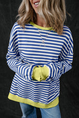 Blue Stripe Oversized Contrast Trim Pullover Sweatshirt Sweatshirts & Hoodies JT's Designer Fashion