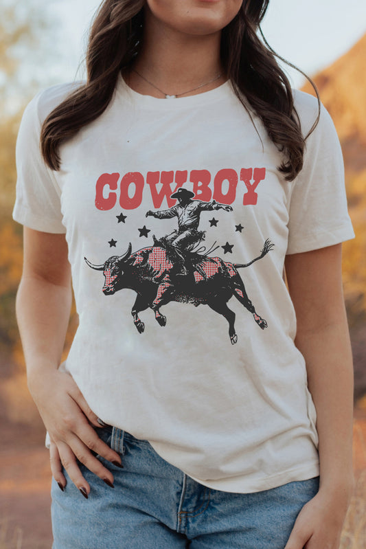 White COWBOY Star Graphic Crewneck Western Fashion Tee Graphic Tees JT's Designer Fashion