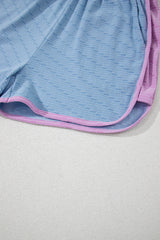 Beau Blue Corded Knit Contrast Trim Round Neck Cap Sleeve 2pcs Short Set Short Sets JT's Designer Fashion
