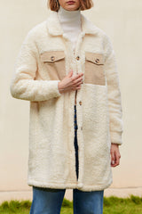 Beige Contrast Flap Pocket Single Breasted Teddy Coat Coats JT's Designer Fashion