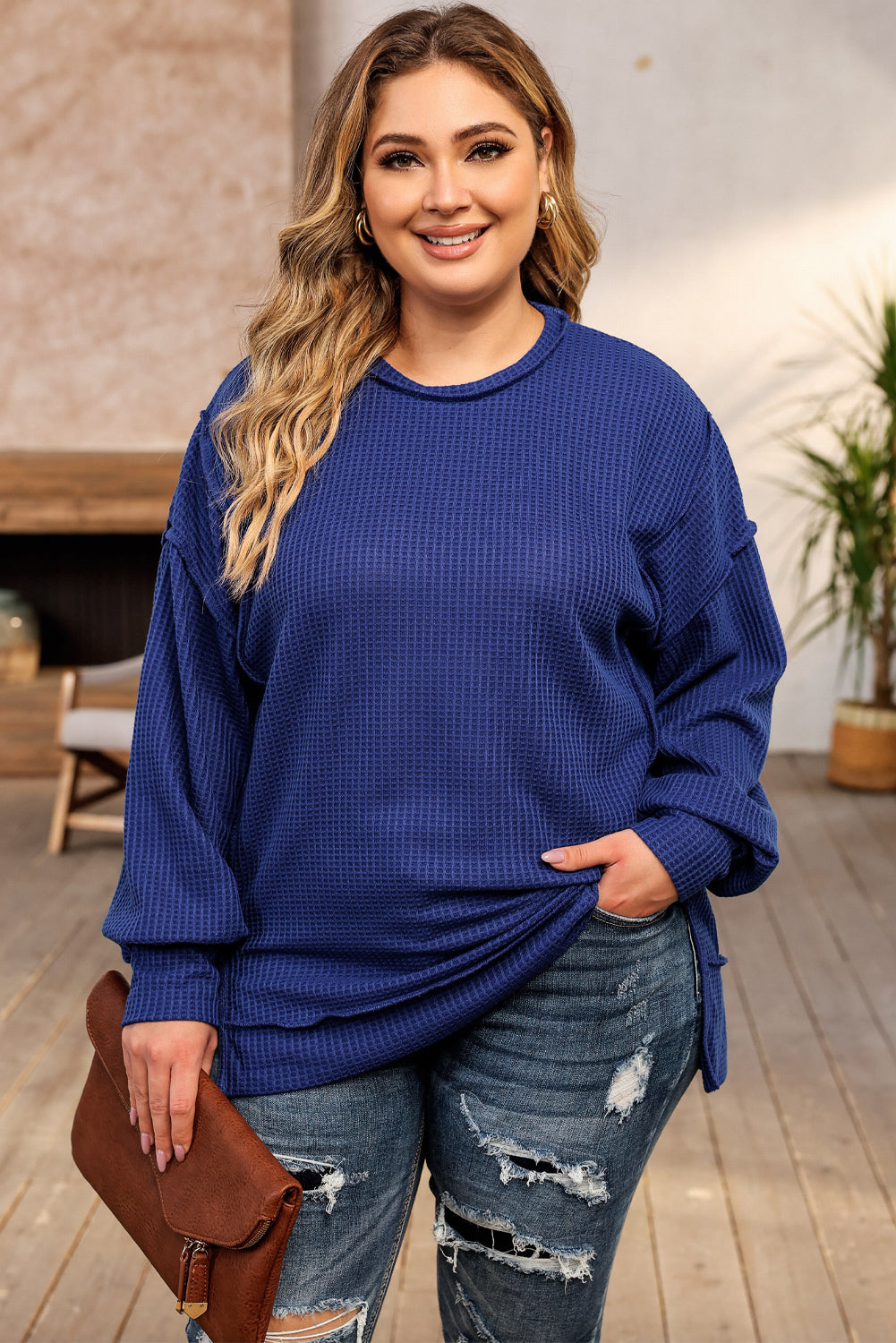 Blue Plus Size Waffle Knit Oversized Exposed Seam Top Blue Knit Plus Size JT's Designer Fashion