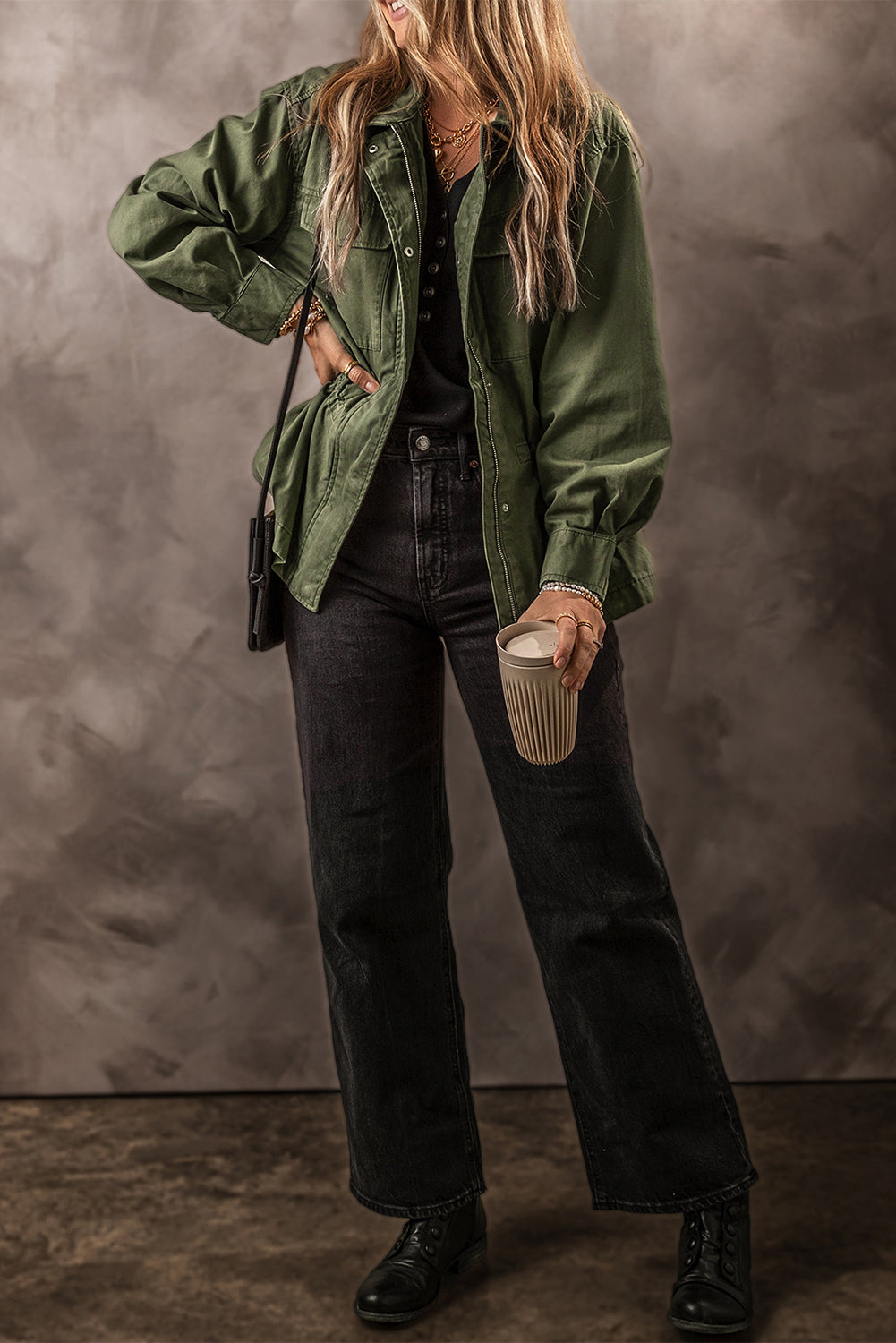 Moss Green Snap Button Zipper Tight Waist Collared Jacket Jackets JT's Designer Fashion