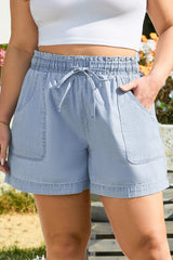 Beau Blue Pocketed Drawstring High Waist Plus Size Denim Shorts Beau Blue 80%Cotton+20%Polyester Plus Size Bottoms JT's Designer Fashion