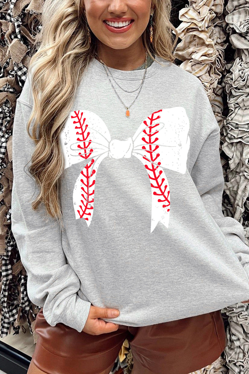 Gray Rugby Football Bowknot Graphic Game Day O Neck Sweatshirt Graphic Sweatshirts JT's Designer Fashion
