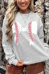 Gray Rugby Football Bowknot Graphic Game Day O Neck Sweatshirt Graphic Sweatshirts JT's Designer Fashion