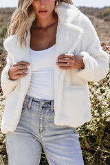 Beige Faux Fur Button Pocketed Lapel Collar Jacket Jackets JT's Designer Fashion