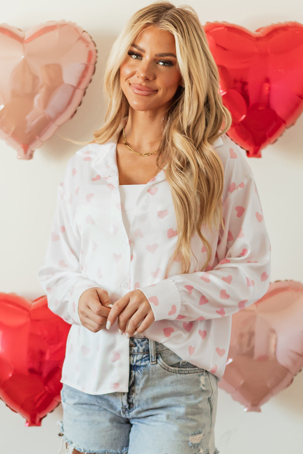 White Love Heart Print Drop Shoulder Puff Sleeve Shirt Blouses & Shirts JT's Designer Fashion