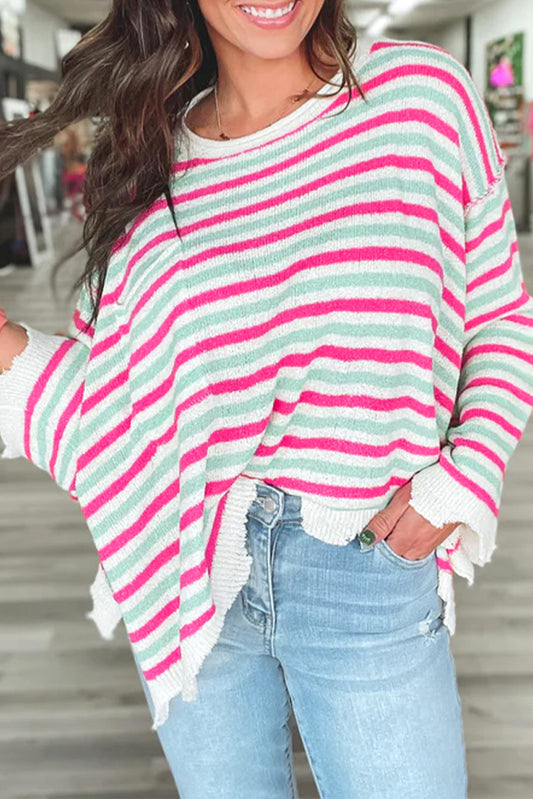 Rose Stripe Oversized Drop Shoulder Sweater with Pocket Rose Stripe 100%Acrylic Sweaters JT's Designer Fashion