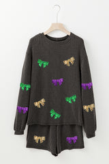 Carbon Grey Bowknot Patched Pattern Corded Long Sleeve Top and Shorts Outfit Graphic Sets JT's Designer Fashion