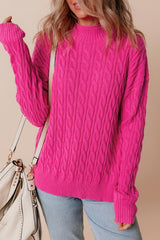 Rose Red Solid Cable Knit High Neck Drop Shoulder Sweater Rose Red 50%Viscose+28%Polyester+22%Polyamide Sweaters JT's Designer Fashion
