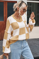 Khaki Checkered Bishop Sleeve Sweater Sweaters & Cardigans JT's Designer Fashion