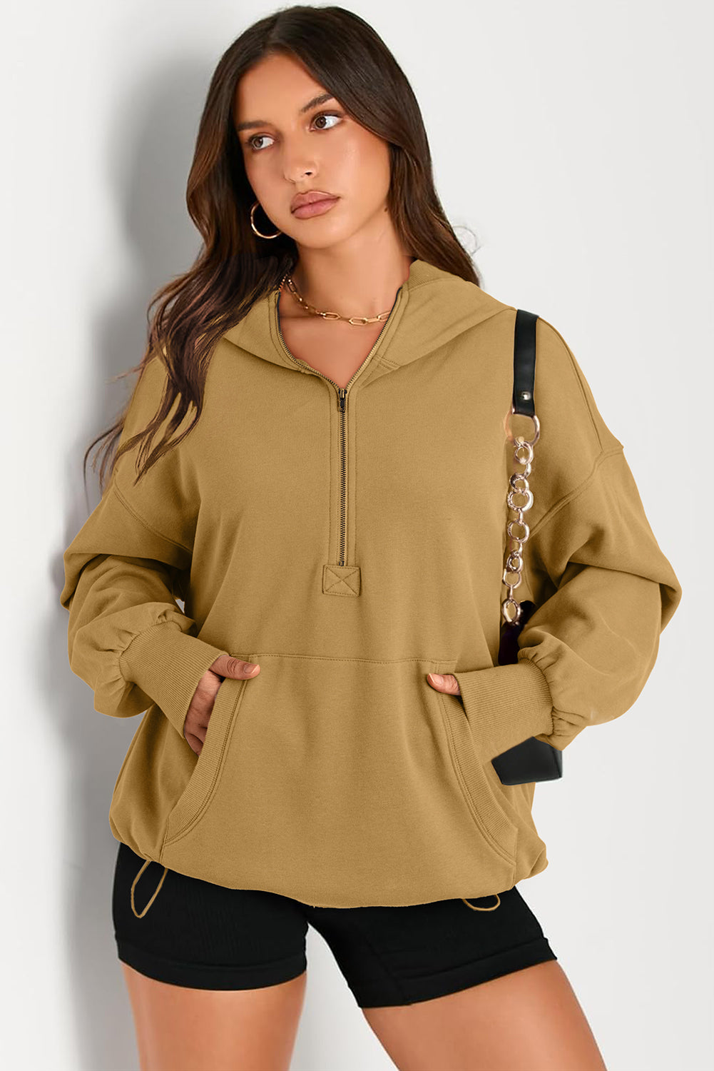 Brown Solid Kangaroo Pocket Half Zipper Oversized Hoodie Sweatshirts & Hoodies JT's Designer Fashion