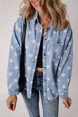 Sky Blue Star Print Light Wash Raw Hem Denim Jacket Denim Jackets JT's Designer Fashion