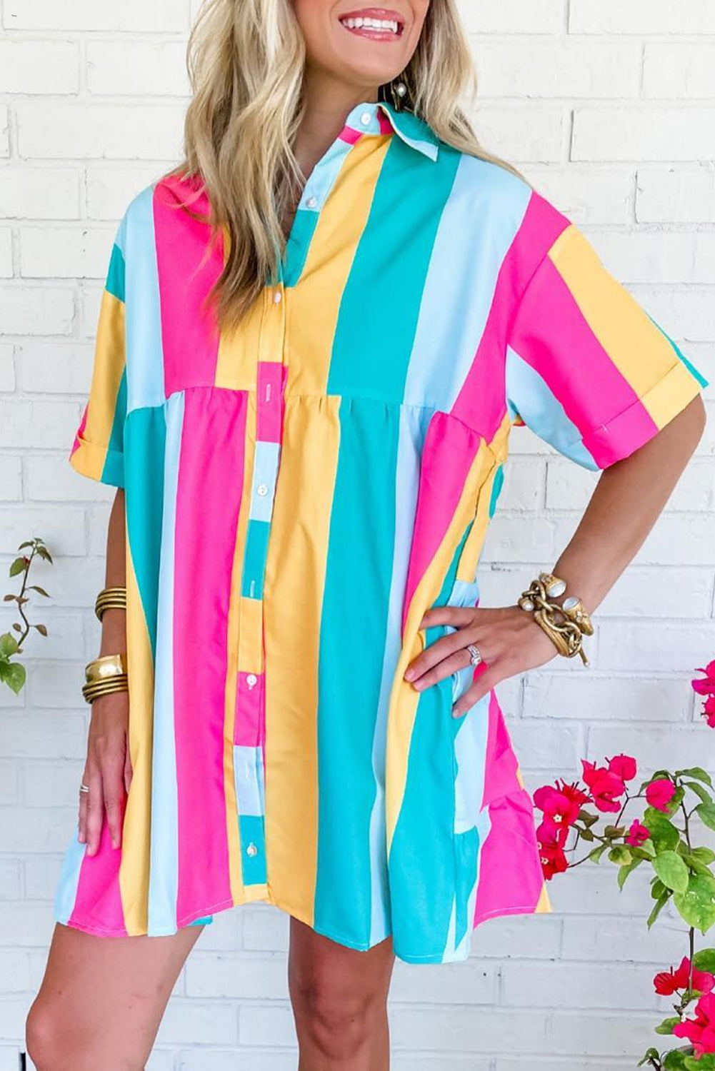 Rose Stripe Colorblock Short Sleeve Mini Shirt Dress Dresses JT's Designer Fashion
