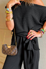 Black Checkered Mesh One Shoulder Short Sleeve Knotted Waist Jumpsuit Jumpsuits & Rompers JT's Designer Fashion