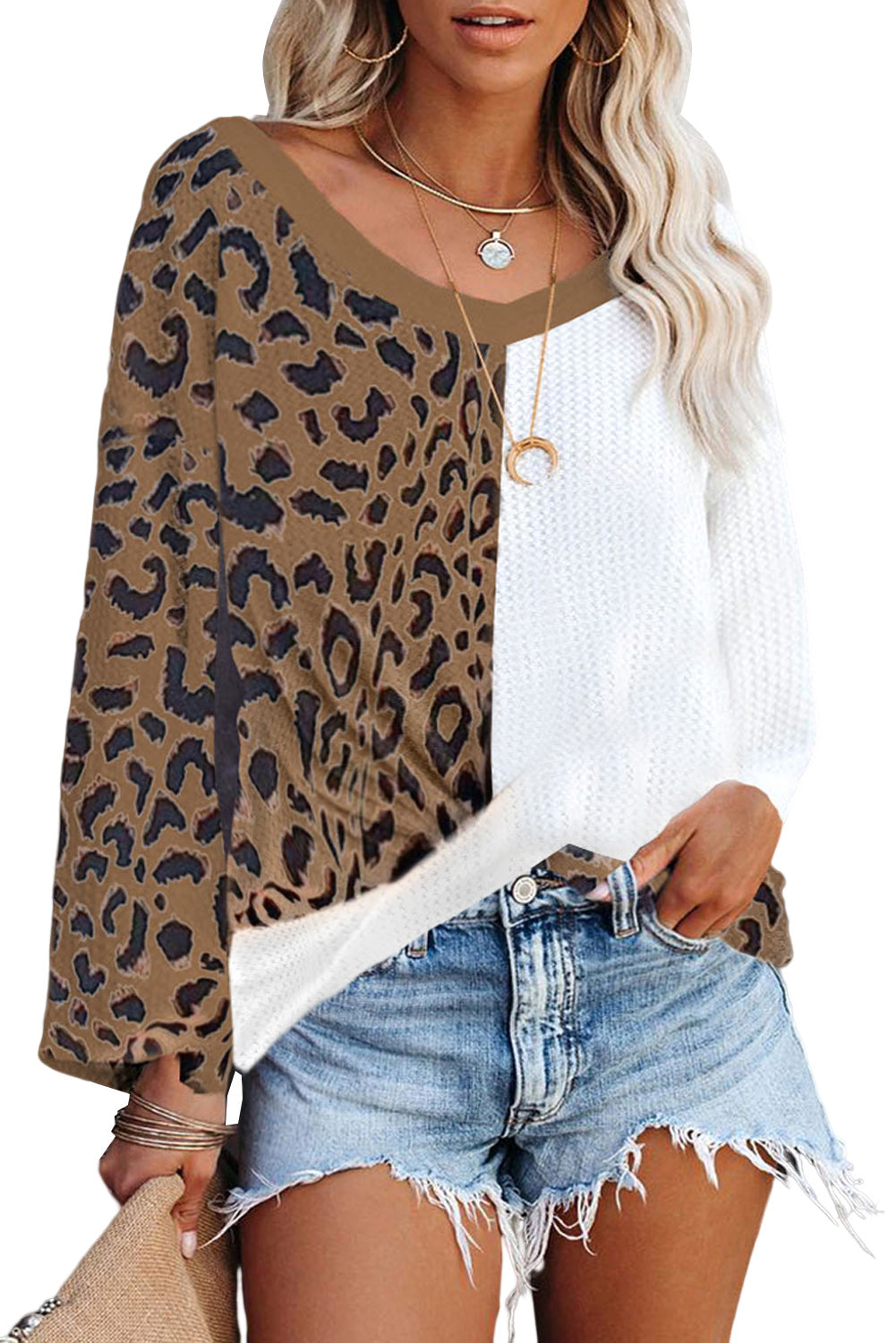 Brown Leopard Contrast Waffle Knit Twist Hem V Neck Top Long Sleeve Tops JT's Designer Fashion