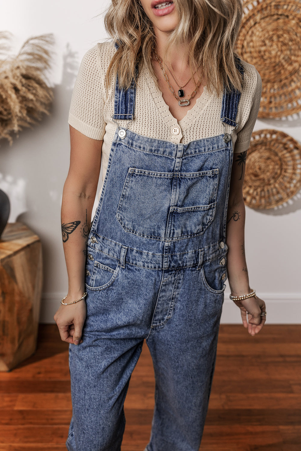 Sail Blue Denim Bib Straight Leg Jumpsuit with Pockets Jumpsuits & Rompers JT's Designer Fashion