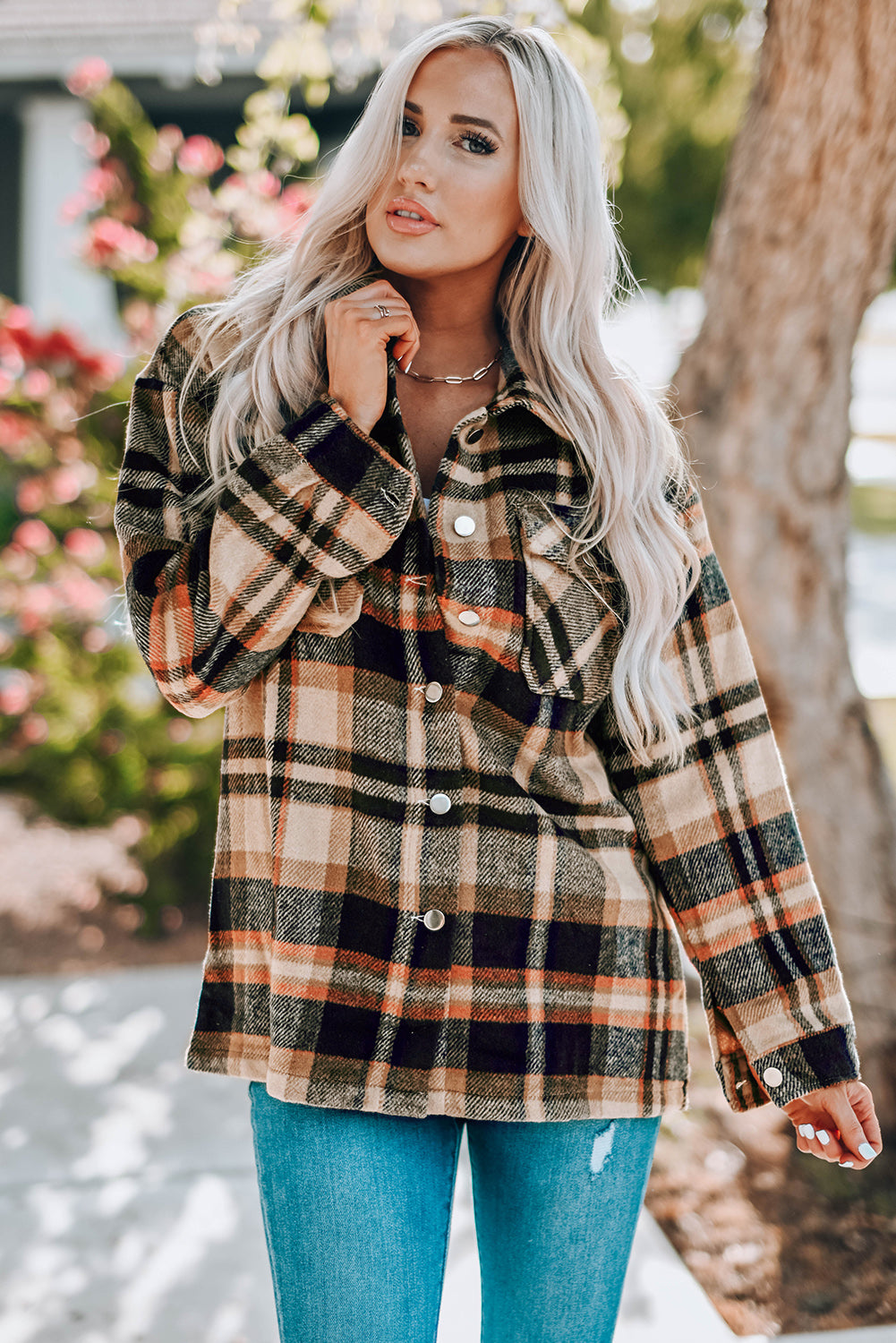 Orange Geometric Plaid Print Pocketed Shacket Plaid Shackets JT's Designer Fashion