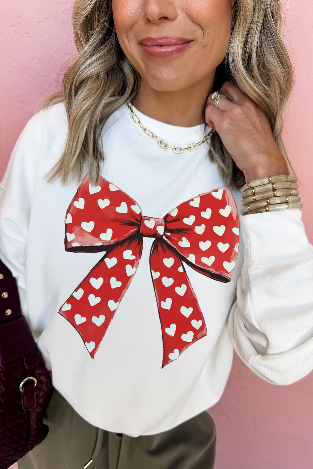 White Heart Bow Printed Round Neck Valentines Pullover Sweatshirt White 50%Polyester+50%Cotton Graphic Sweatshirts JT's Designer Fashion