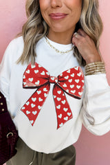 White Heart Bow Printed Round Neck Valentines Pullover Sweatshirt White 50%Polyester+50%Cotton Graphic Sweatshirts JT's Designer Fashion