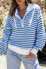 Sky Blue Stripe Zip up Collar Drop Shoulder Sweater Sweaters JT's Designer Fashion