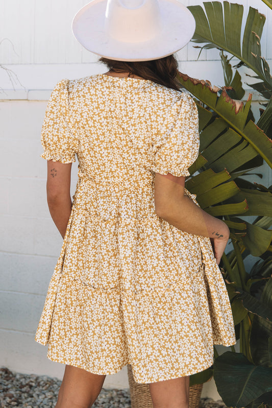 Yellow Floral Short Sleeve V Neck Frilly Tiered Mini Dress Floral Dresses JT's Designer Fashion